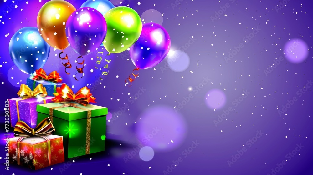 Colorful birthday card with balloons and gifts, with space for text Colorful birthday card with balloons and gifts, with space for text