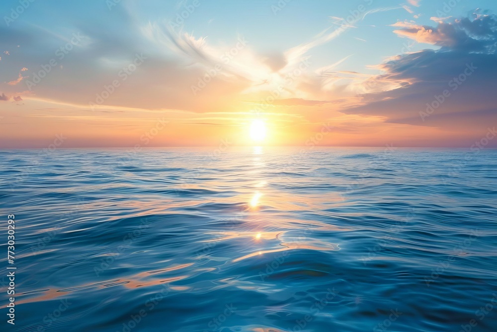 Serene ocean panorama at sunrise with sun reflecting on calm rippling waves, tranquil seascape