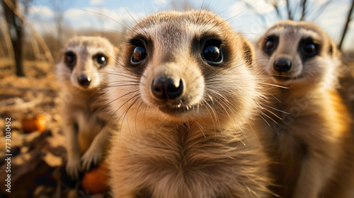 A group of meerkats standing upright, their inquisitive expressions and alert postures capturing the endearing social nature of these small mammals.