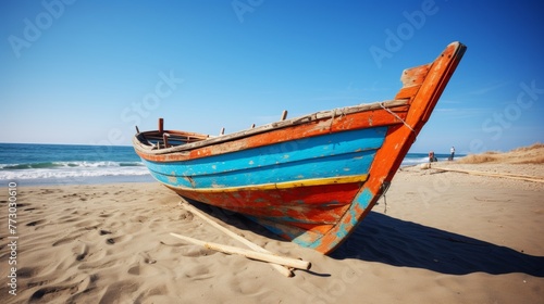 Vintage fishing boat on sandy seashore a nostalgic reminder of tranquil coastal days © Aliaksandra