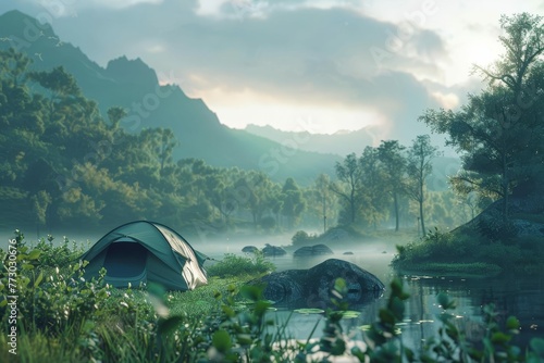 Serene camping tent in a lush natural landscape, AI-generated outdoor adventure concept © Lucija