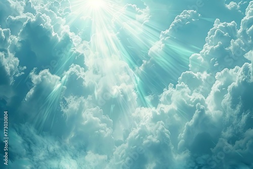 Serene background with divine light shining through clouds, evoking a sense of spiritual presence and faith