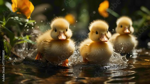 A group of fluffy ducklings following their mother in a pond, creating a charming aquatic parade that exemplifies the cuteness of waterfowl.