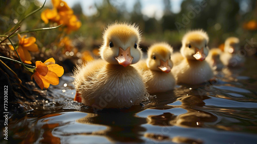 A group of fluffy ducklings following their mother in a pond, creating a charming aquatic parade that exemplifies the cuteness of waterfowl. photo