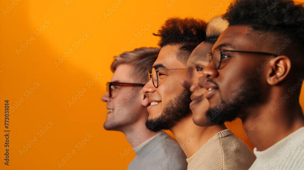 Side profile of a cheerful diverse group of men lined up, all facing the same direction