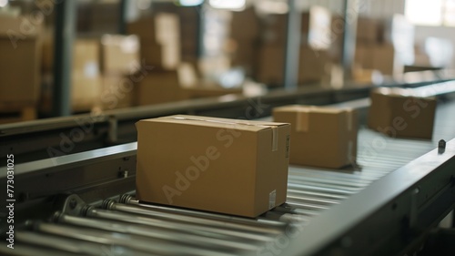 Smart warehouse management system concept.Cardboard boxes on conveyor rollers ready to be shipped by courier for distribution in warehouse. Huge distribution warehouse with high shelves and loaders.