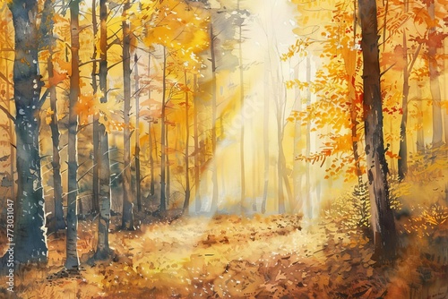 Serene Autumn Forest with Sun Beams Filtering Through Golden Leaves, Peaceful Natural Landscape - Watercolor Painting