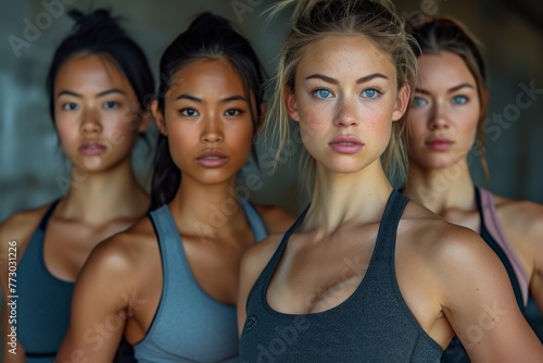 Diverse group of women in sports bras standing confidently in front of dark background, one making eye contact
