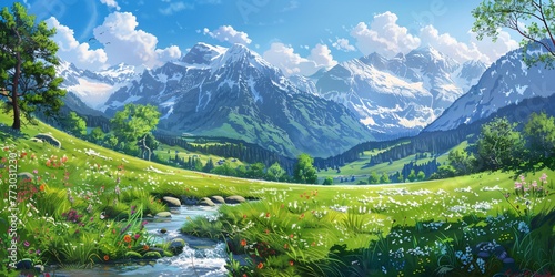 A serene mountain landscape with a flowing stream and a blue sky Generative AI