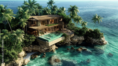 Secret Tropical Island, Luxurious Villas on Turquoise Sea Shore © Mars0hod