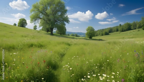 Lush Green Meadow With Wildflowers And A Blue Sky  3