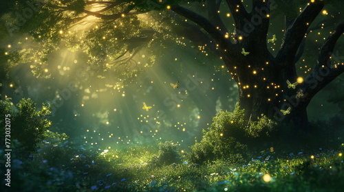 Enchanted Forest Glade with Magical Fireflies Dancing Around Mystical Tree, Fairy Tale