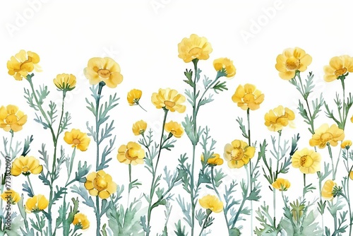 Seamless border of yellow meadow flowers, watercolor hand-painted illustration of common tansy on white background