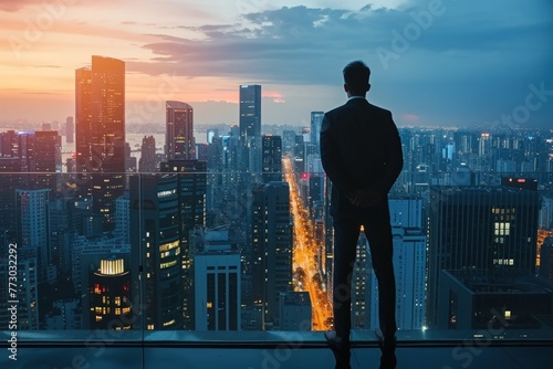 A man stands on a balcony overlooking a city at night. The city is lit up with lights, creating a warm and inviting atmosphere. The man is lost in thought photo
