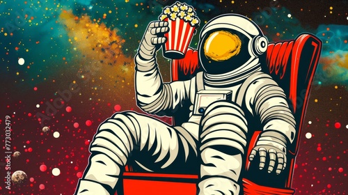 Astronaut the audience with beer and popcorn sitting in a chair. loneliness in space. Pop art retro vector illustration