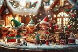 Santa's elves crafting toys in a festive North Pole workshop, merry Christmas scene, 3D illustration