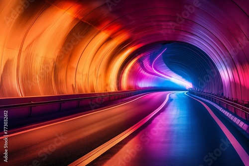 Vivid colors light up a modern tunnel creating a captivating scene with a curved roadway leading into the distance. photo