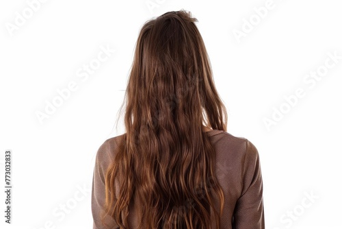 Rear view of pretty teenage girl with long brown hair, isolated on white background, studio photo