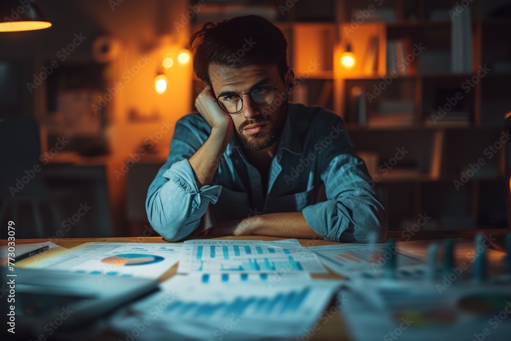 A man is sitting at a desk with papers and a laptop. He is looking at the papers and he is in a state of deep thought A man is sitting at a desk with papers and a laptop. He is looking at the papers and he is in a state of deep thought