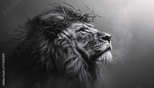 Lion of Judah - A lion with a crown of thorns, representing the resilience and strength of the lion, and the connection to the biblical story of King David. Generative AI