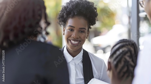 Smiling, young and attractive saleswoman, cashier serving customers. 