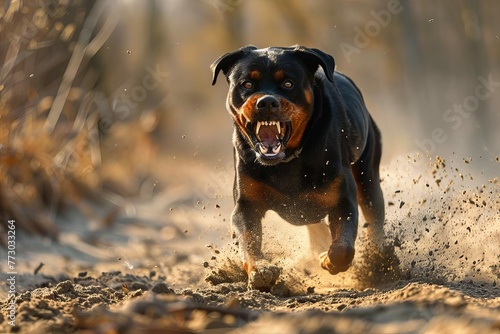 Rottweiler dog in training field, strong and aggressive, animal behavior and obedience concept, action photo photo