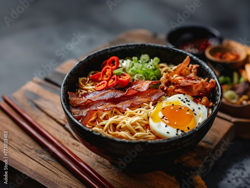 Ramen with egg and bacon sprinkled with sesame seeds. Wooden salver, aesthetic macro photo