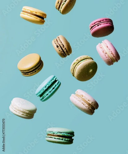 Wallpaper Mural Beautiful colorful macarons. Colorful composition of different types of macaron cookies on a light blue background. Torontodigital.ca