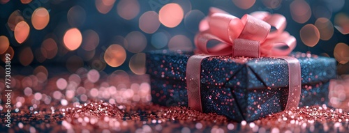 Glittery Gift Box with Pink Ribbon and Sparkling Decorations Generative AI photo
