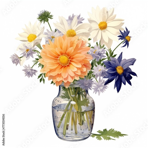 Realistic watercolor flowers in the vase on the white background