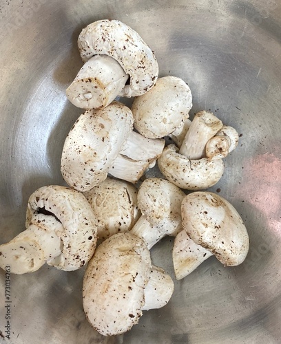 Fresh champignon mushrooms.Top view, from above, overhead.