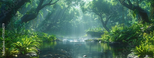 A serene forest scene with a waterfall and sunlight filtering through the trees Generative AI © Satyam