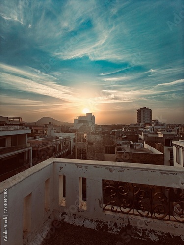 Jaipur.Rajasthan.India 29 March 2024 A beautiful sky sunrise from the terrace
