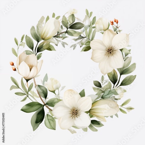 White thin Wedding floral Wreath and leaf and cane on the white background