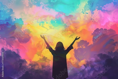 Silhouette of woman with raised hands praying against colorful cloudy sky, spiritual worship and faith concept illustration photo