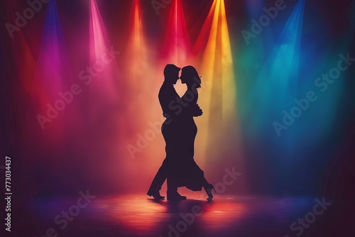 Silhouette of passionate couple dancing tango, vibrant multicolored spotlight background, vector illustration