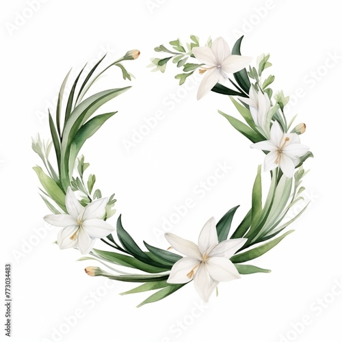 White thin Wedding floral Wreath and leaf and cane on the white background © Minimal Blue