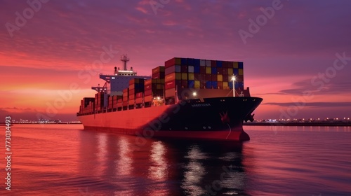 Transportation of international Container Cargo ship and Cargo plane in the sea on sunset sky background photo