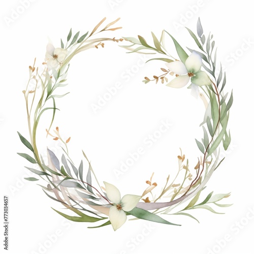 White thin Wedding floral Wreath and leaf and cane on the white background in watercolor style