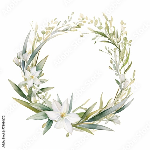 White thin Wedding floral Wreath and leaf and cane on the white background in watercolor style