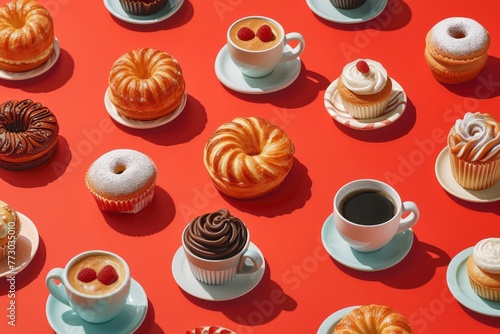 Assorted Pastries Arranged on Red Surface with Coffee Cups and Saucers for a Delicious Breakfast Spread