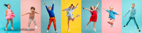Full-length, Collage made of different children, boys and girls in motion, jumping, playing against multicolored background. Concept of childhood, kid's emotions, lifestyle, friendship