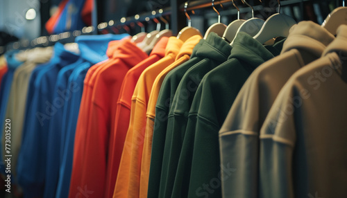 hoodies and sweatshirts hang on hangers in clothing store