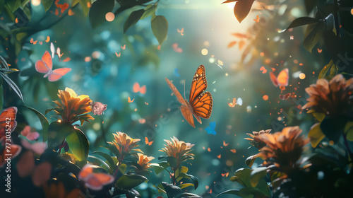 Butterflies flit among vibrant flowers, bathed in ethereal light, creating a magical atmosphere