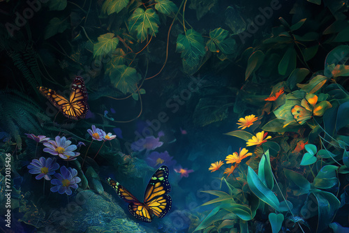 Enchanting scene of vibrant butterflies amidst lush  mysterious garden foliage under a dim  magical light