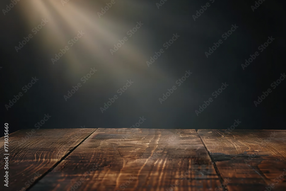 empty wooden table with soft light sun flare emit on dark background - obrazy, fototapety, plakaty 