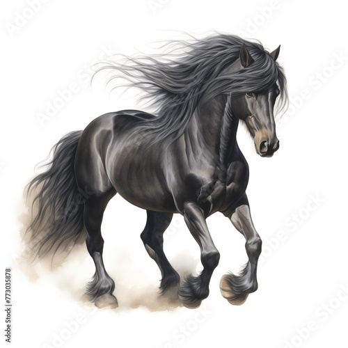 Watercolor full body dark horse with a beautiful mane