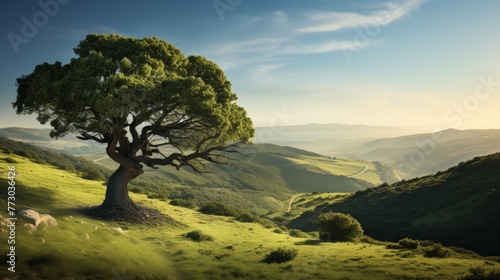 Wind sculpted tree on hillside, symbolizing wild, untamed nature in untouched landscapes