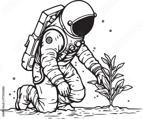 Astronautic Green Thumb Vector Logo Design Stellar Oasis Astronaut Watering Emblem © BABBAN