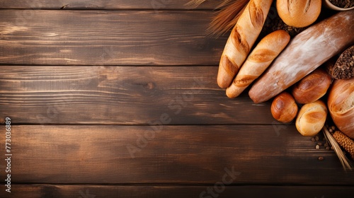 Variety of freshly baked breads on wooden backdrop, top view with generous room for text photo